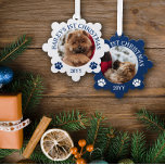 Dark Blue White Paw Prints Puppy's 1st Christmas Ornament Card<br><div class="desc">Snowflake shaped photo ornament with a round photo of your puppy with curved text and cute paw prints in blue and white.</div>