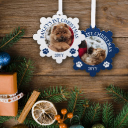Dark Blue White Paw Prints Puppy&#39;s 1st Christmas Ornament Card
