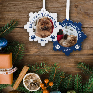 Dark Blue White Paw Prints Puppy's 1st Christmas Ornament Card