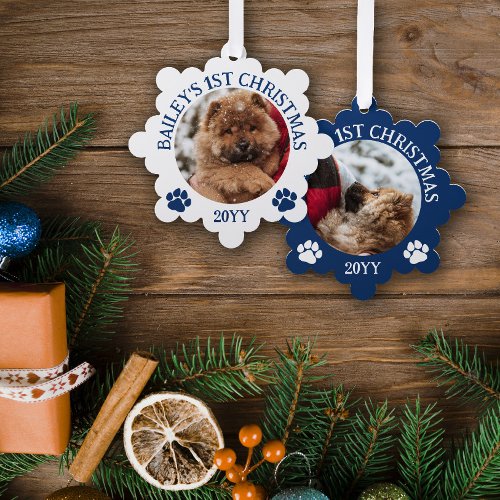 Dark Blue White Paw Prints Puppys 1st Christmas Ornament Card