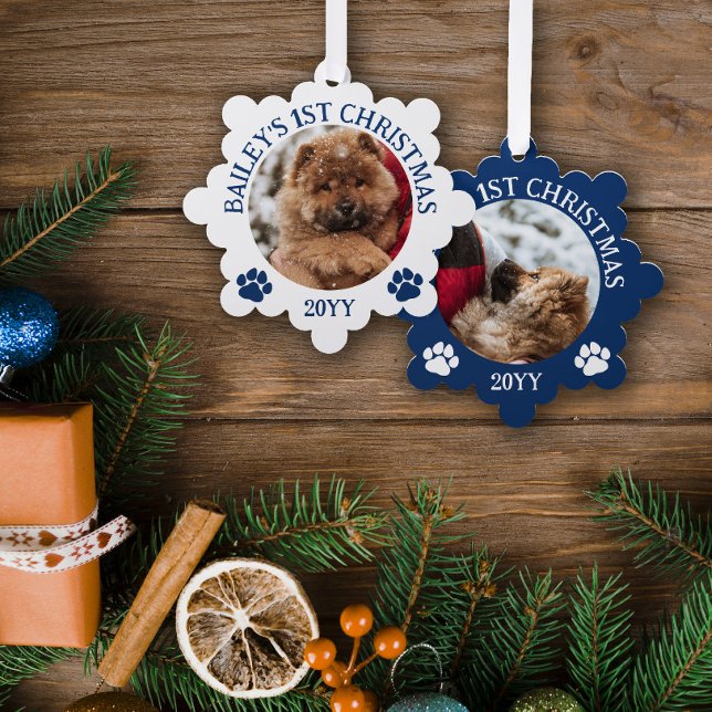 Dark Blue White Paw Prints Puppy's 1st Christmas Ornament Card (Creator Uploaded)