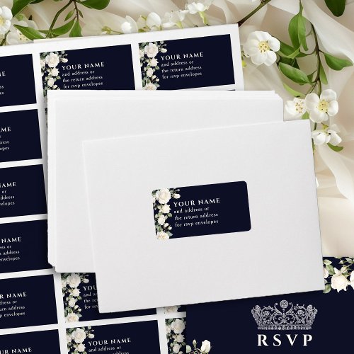 Dark Blue White Roses RSVP Envelope Address Label