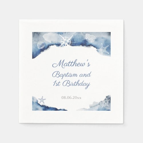 Dark Blue  White Seashells Baptism Birthday Party Napkins