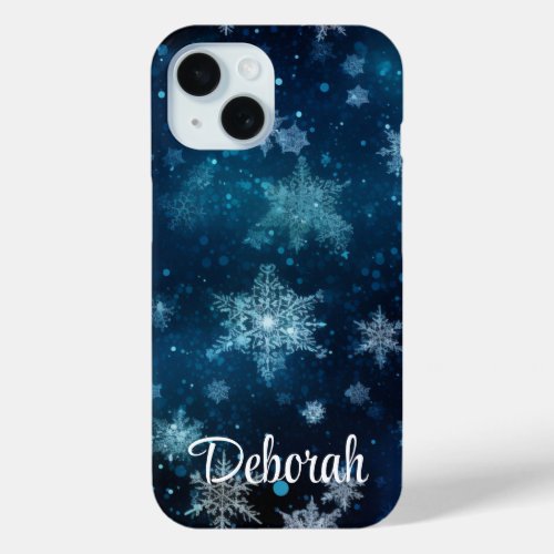 Dark Blue  White Snowflake Winter Christmas iPhone 15 Case