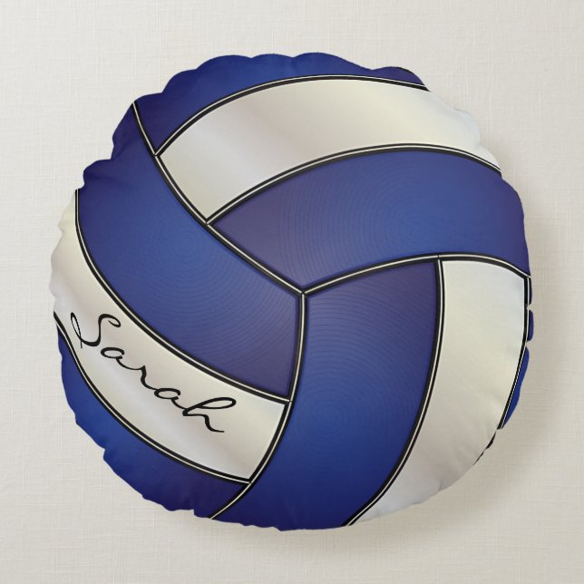 Dark Blue & White Sport Volleyball | DIY Name Round Pillow (Front)