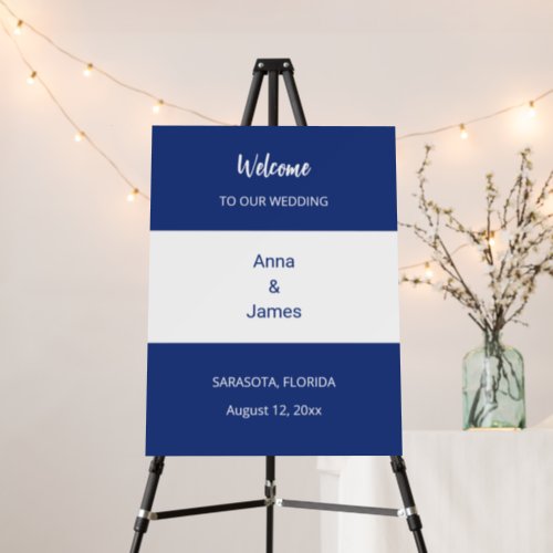 Dark Blue White Wedding Welcome Sign