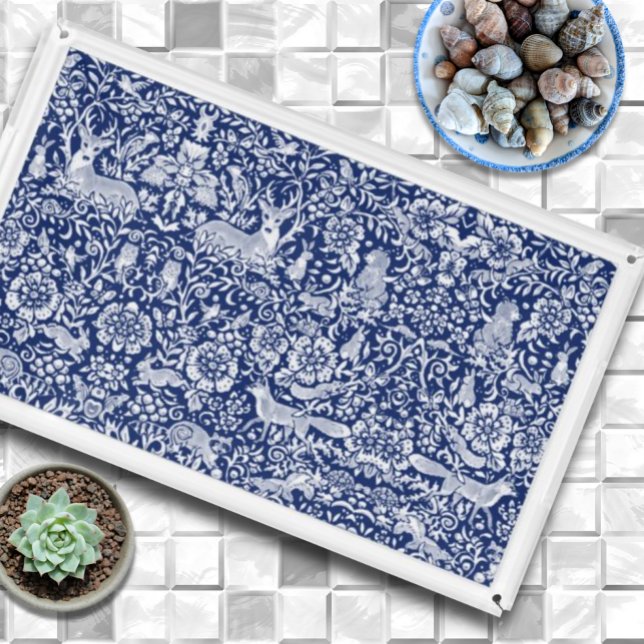 Dark Blue White Woodland Animal Nature Art Acrylic Tray (Creator Uploaded)