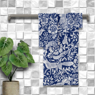 Dark Blue White Woodland Animal Nature Art Bath Towel Set
