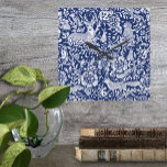 Dark Blue White Woodland Animal Nature Square Wall Clock<br><div class="desc">This decorative clock in dark blue and white will enhance your room with its unique design, featuring a stylized woodland scene filled with animals. Inspired by antique Delft, Dedham and chinoiserie pottery and motifs, there are flowers, leaves, birds, berries and animals. You'll find a deer, bear cub, bunny rabbits, turtles,...</div>