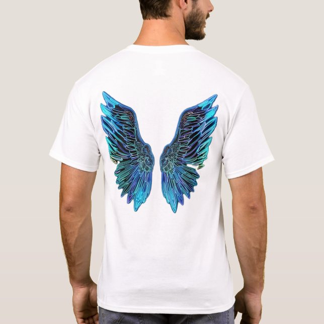 Dark Blue Wings Glowing On Back T-Shirt (Back)