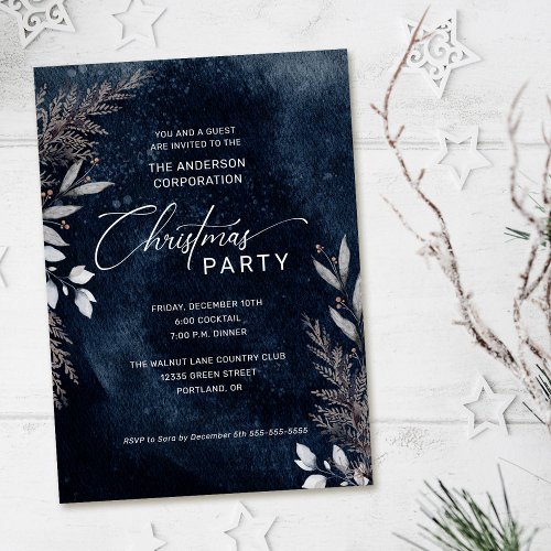 Dark Blue Winter Foliage Corporate Christmas Party Invitation