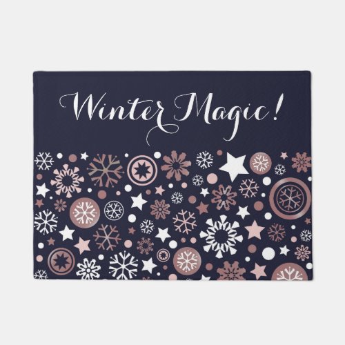 Dark blue winter magic pink metallic snowflakes doormat