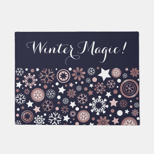 Dark blue winter magic pink metallic snowflakes doormat (Front)
