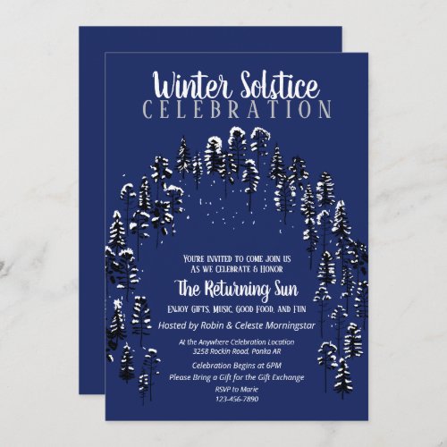 Dark Blue Winter Solstice Yule Snow Forest Party Invitation