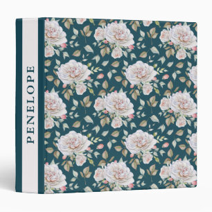 Dark Blue with Floral and Name 3 Ring Binder