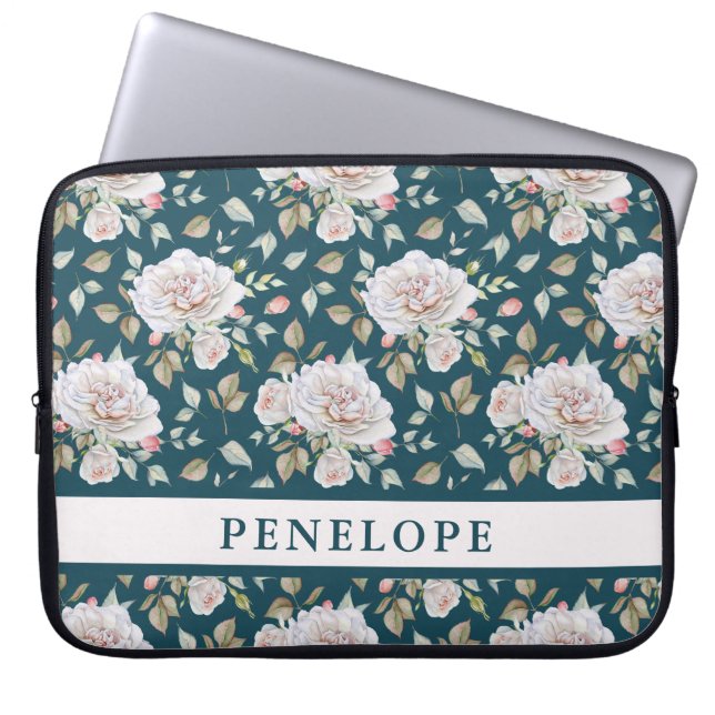 Dark Blue with Floral and Name Laptop Sleeve (Front)
