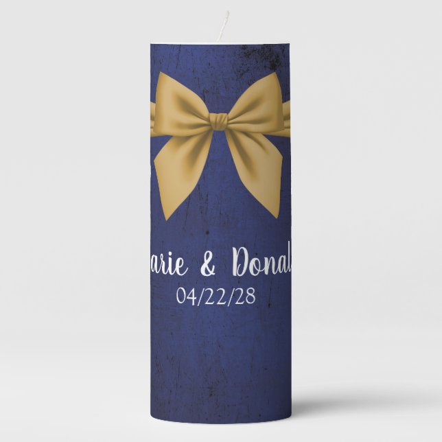Dark Blue with Gold Bow Pillar Candle (Front)