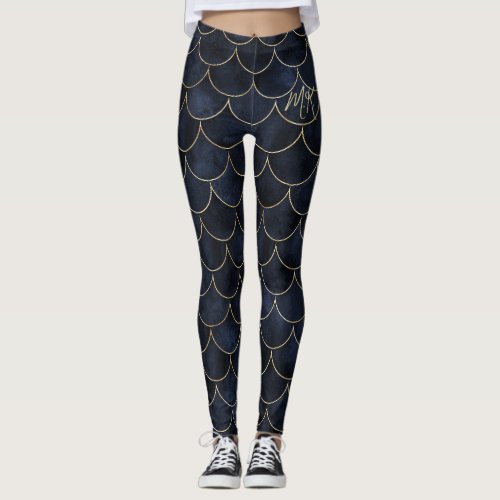 Dark Blue with Gold Scales Monogram Mermaid  Leggings