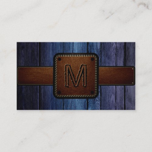 Dark Blue Wood Brown Leather Look Monogram Business Card