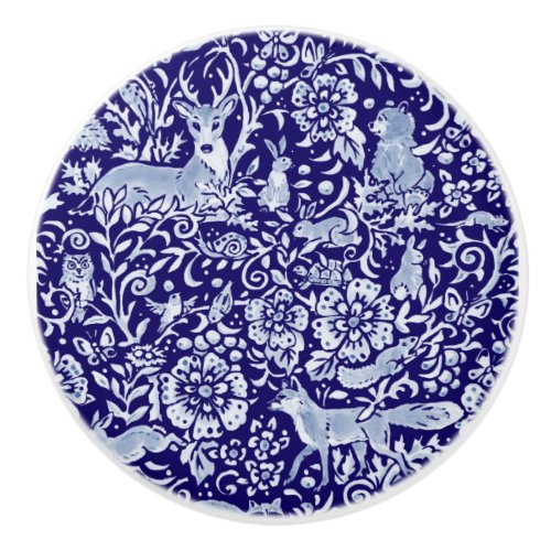 Dark Blue Woodland Animal Ornate Floral Beautiful Ceramic Knob
