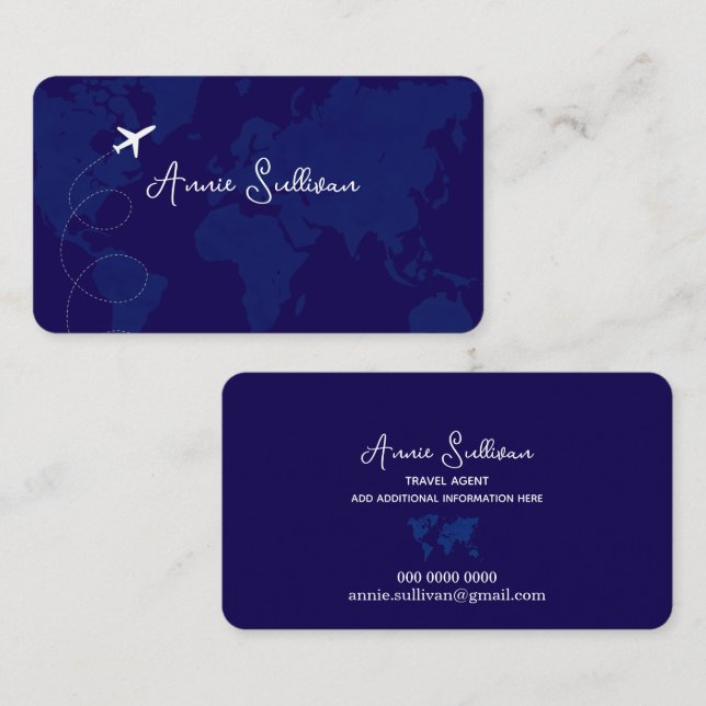 Dark Blue World Map and Plane Business Card (Front/Back)