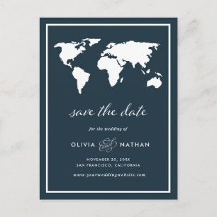 Dark Blue World Map Elegant Travel Save the Date Announcement Postcard