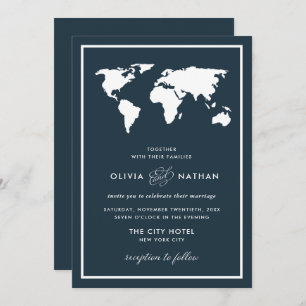 Dark Blue World Map Elegant Travel Theme Wedding Invitation