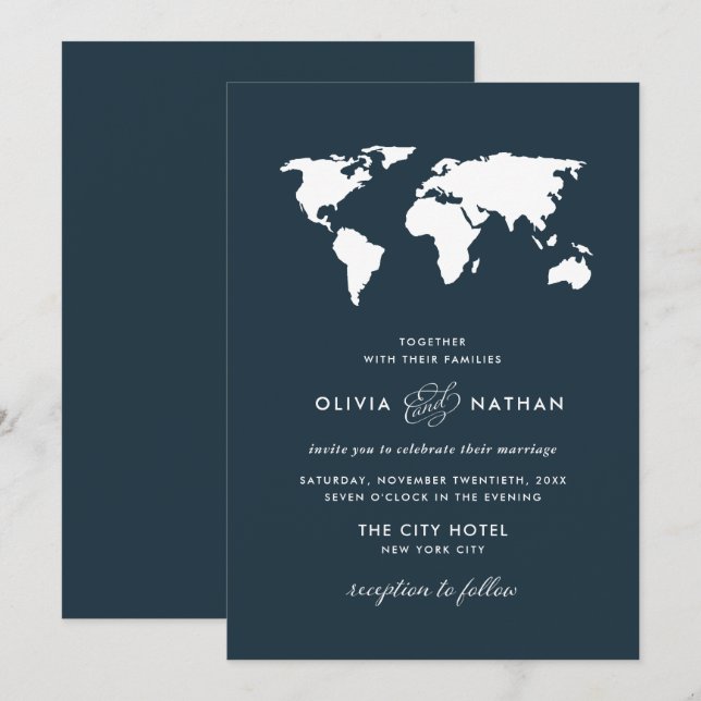 Dark Blue World Map | Elegant Travel Theme Wedding Invitation (Front/Back)
