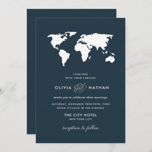 Dark Blue World Map  Elegant Travel Theme Wedding Invitation
