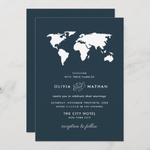 Dark Blue World Map | Elegant Travel Theme Wedding Invitation