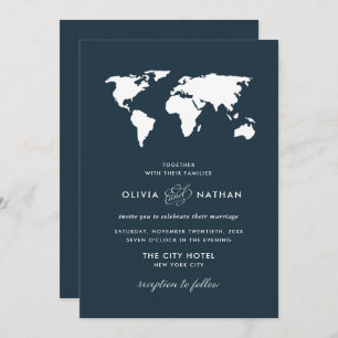 Dark Blue World Map Elegant Travel Theme Wedding Invitation