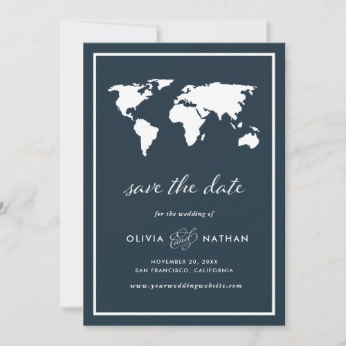 Dark Blue World Map  Elegant Travel Theme Wedding Save The Date