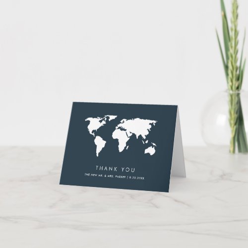 Dark Blue World Map  Elegant Travel Theme Wedding Thank You Card