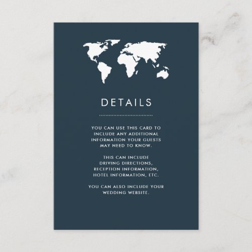 Dark Blue World Map Elegant Travel Wedding Details Enclosure Card