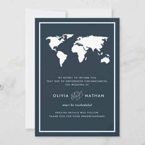 Dark Blue World Map  Wedding Cancellation Invitation