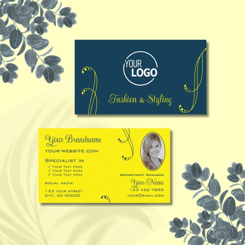 Dark Blue Yellow Cool Ornate with Logo and Photo Business Card