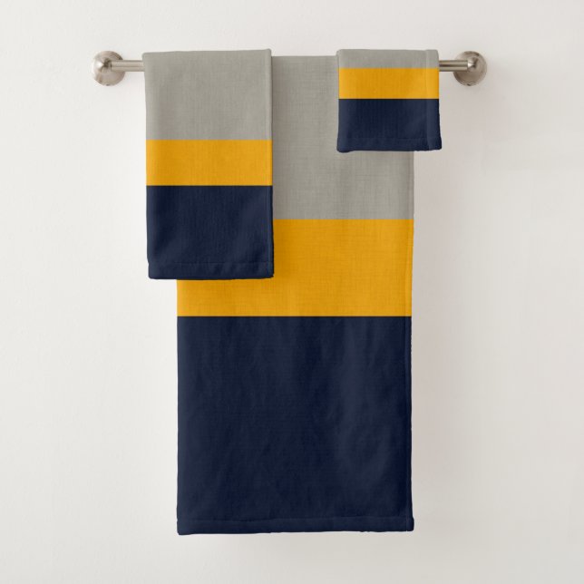 Dark Blue, Yellow, Gray striped Textured Bath Towel Set (Insitu)