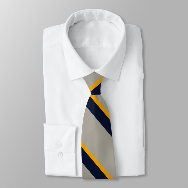 Dark Blue, Yellow, Gray striped Textured  Neck Tie (Tied)