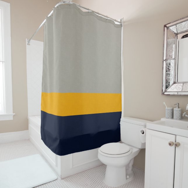 Dark Blue, Yellow, Gray striped Textured  Shower Curtain (In Situ)