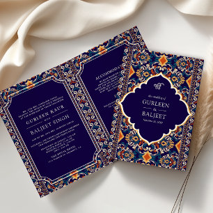 Dark Blue Yellow Ikat All in One Sikh Wedding Invitation