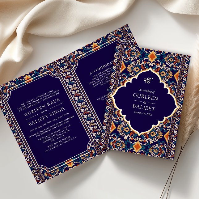 Dark Blue Yellow Ikat All in One Sikh Wedding Invitation (Creator Uploaded)