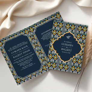 Dark Blue Yellow Ikat All in One Sikh Wedding Invitation