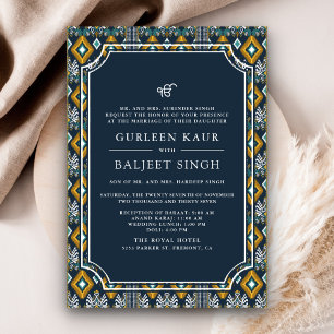 Dark Blue Yellow Ikat Anand Karaj Sikh Wedding Invitation