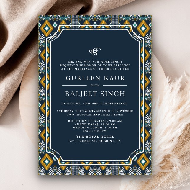 Dark Blue Yellow Ikat Anand Karaj Sikh Wedding Invitation (Creator Uploaded)
