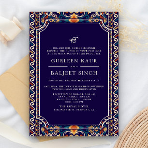Dark Blue Yellow Ikat Anand Karaj Sikh Wedding Invitation