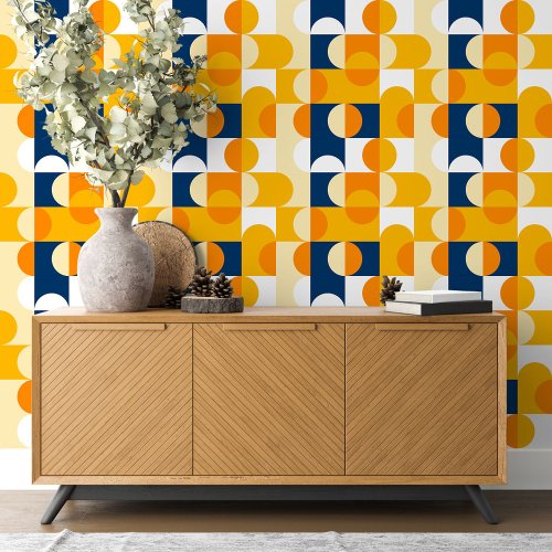 Dark Blue Yellow Orange White Circles Art Pattern Wallpaper