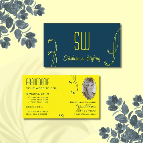 Dark Blue Yellow Ornate with Monogram and Photo Business Card