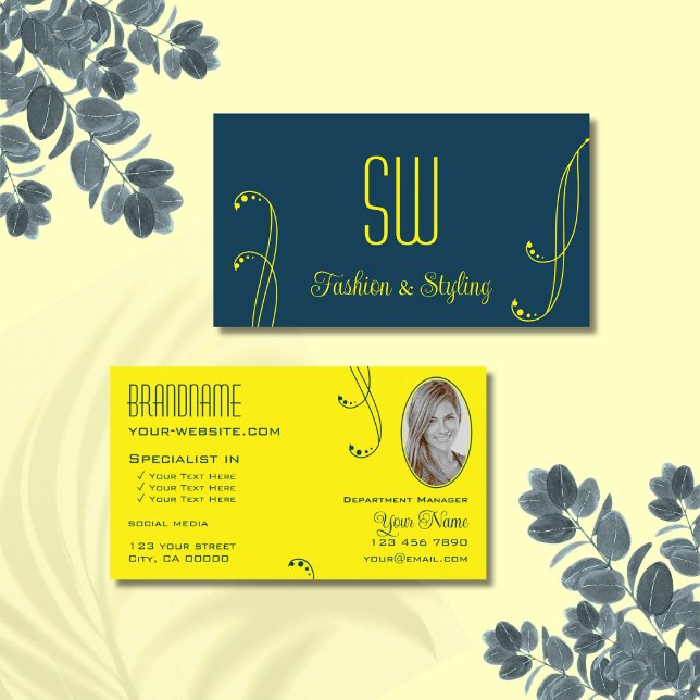 Dark Blue Yellow Ornate with Monogram and Photo Business Card (Creator Uploaded)