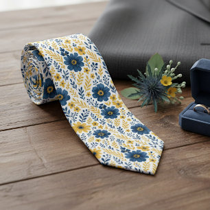 Dark Blue Yellow Summer Floral Wedding Neckti Neck Tie