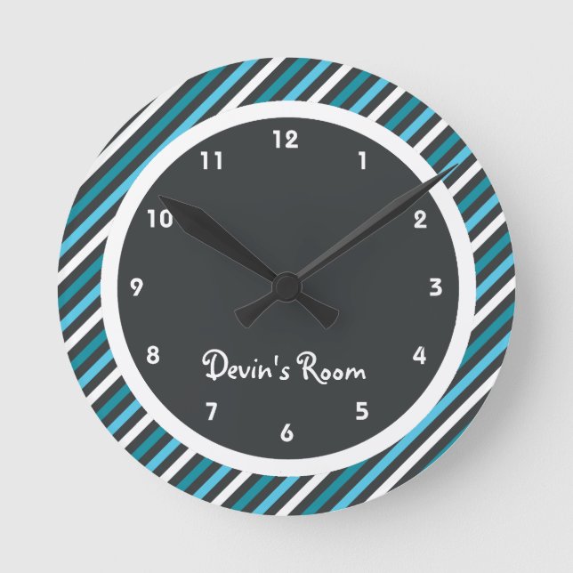 Dark Blues Stripe Kid's Bedroom Round Clock (Front)